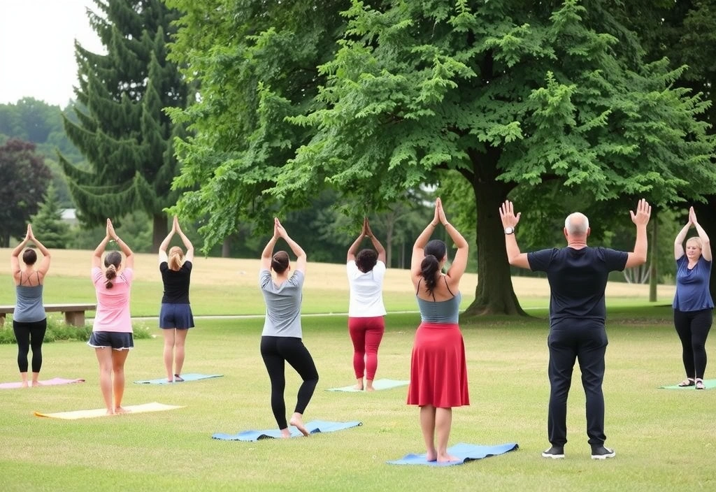 A diverse group of people practicing yoga outdoors in a serene park, illustrating a holistic approach to wellness.