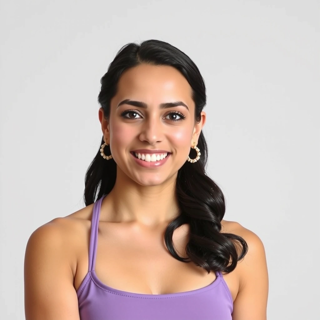 Professional portrait of Anya Sharma, a yoga instructor with a warm smile and serene demeanor.