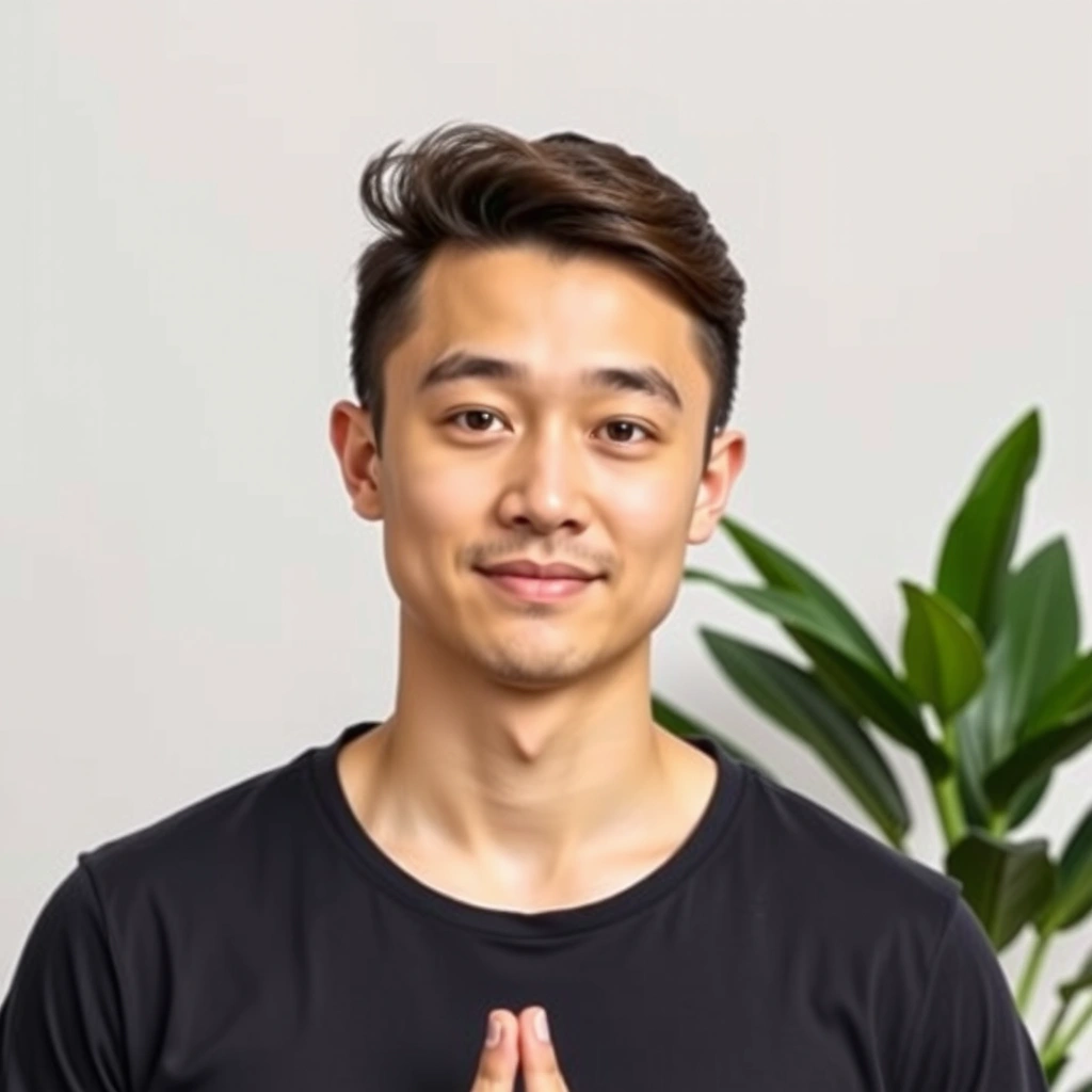 Professional portrait of David Chen, a yoga instructor with a calm and focused expression.