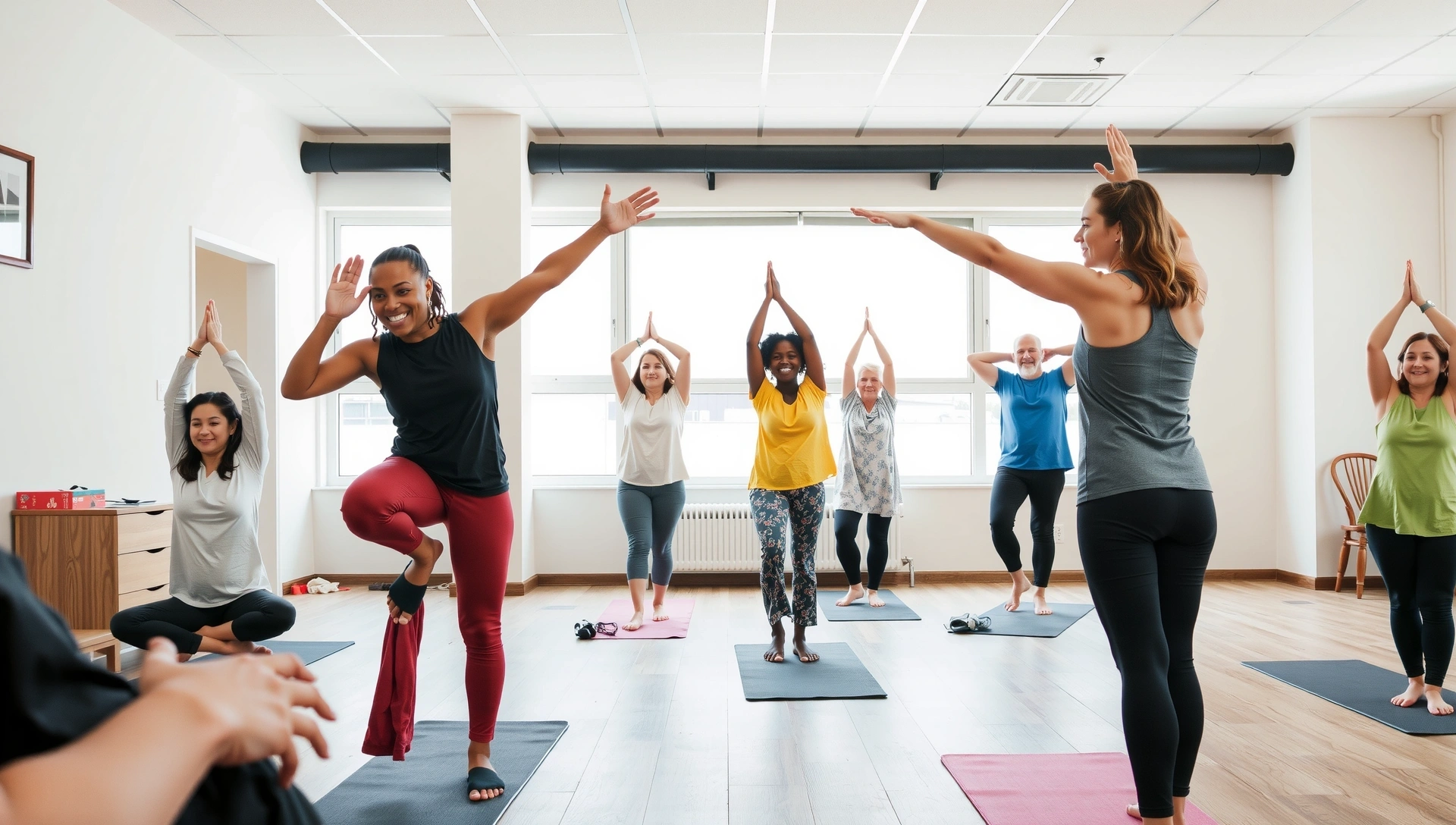 Diverse individuals practicing yoga in a bright, inviting studio
