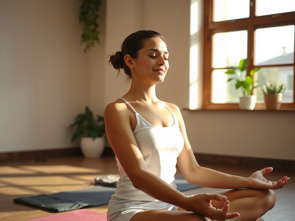 A person meditating peacefully in a yoga studio, surrounded by soft, warm light, symbolizing clarity and mindfulness in understanding policies.