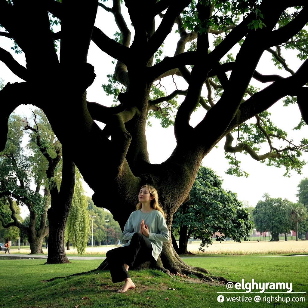 A person meditating peacefully under a tree