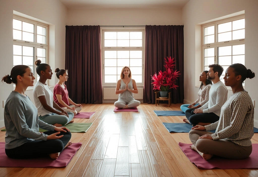 A group of people meditating peacefully in a yoga studio